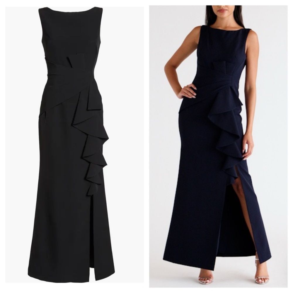 Betsy & Adam Black Sleeveless Ruffle Column Gown